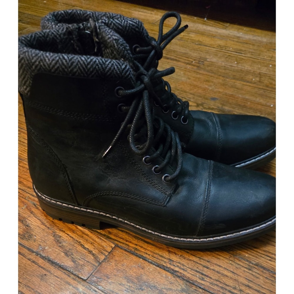 Regent Black Leather Cap Toe Combat Boots Zip Herringbone CV1773-001 Mens‎ 9.5